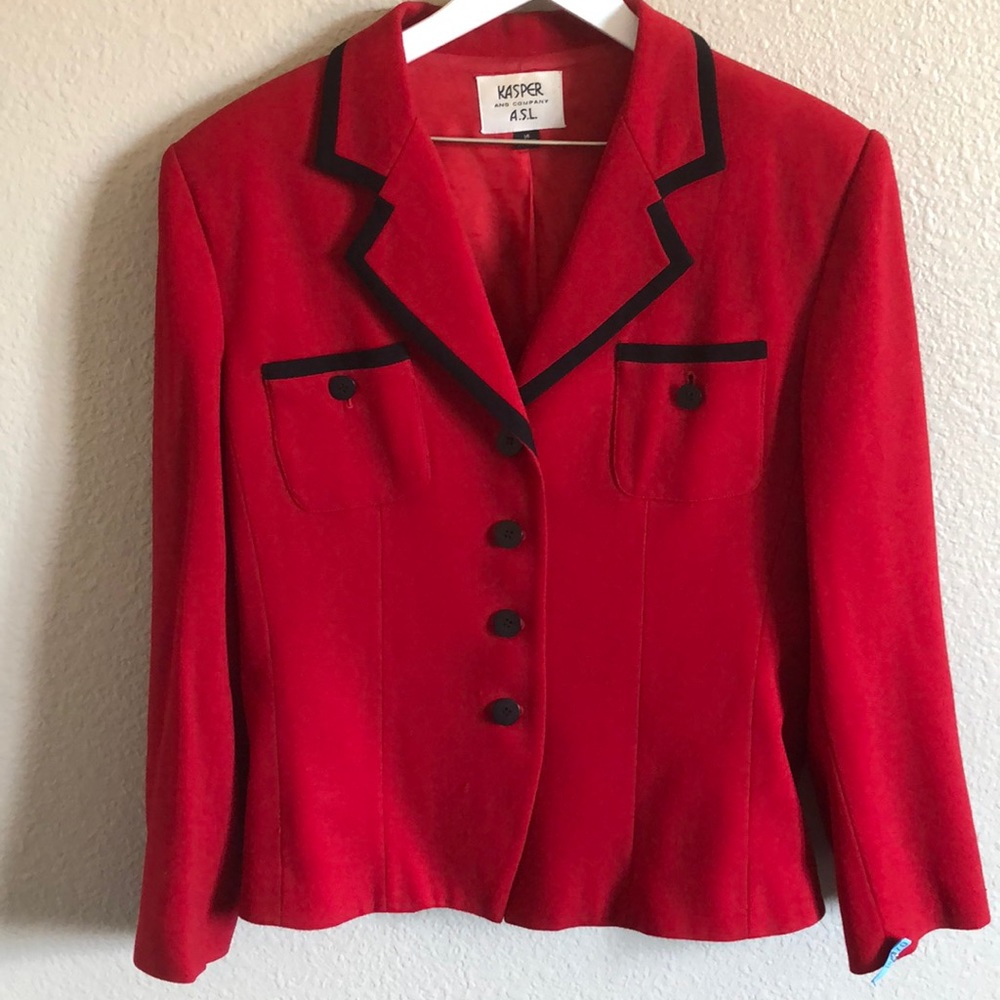 Kasper ASL red power blazer with black trim.